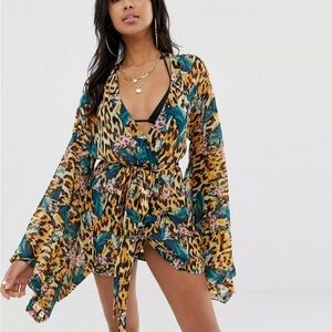 ASOS DESIGN long sleeve wrap tie chiffon maxi beach kimono in brown polka dot